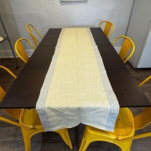 Farmhouse Pottery Linen Table Runner Yellow Blue Striped Cottage Beachy Boho